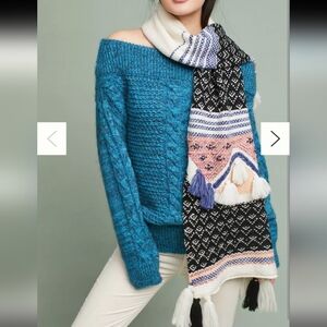 Boho Style Tessels Beads Embroidery Winter Scarf White Blue Black